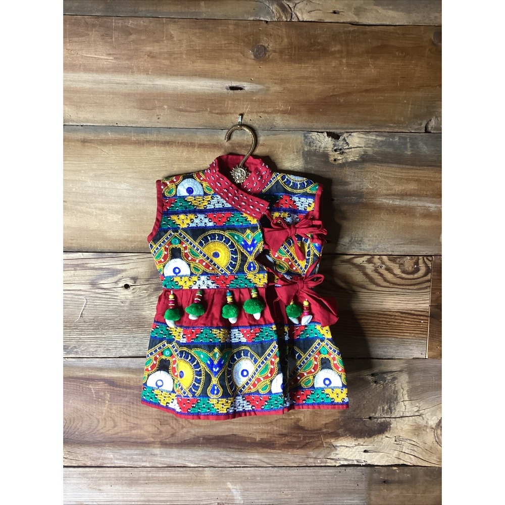 Navratri Kedia Top Ethnic Garba Dress Sz 12 Girls Work Embroidered Shells Poms